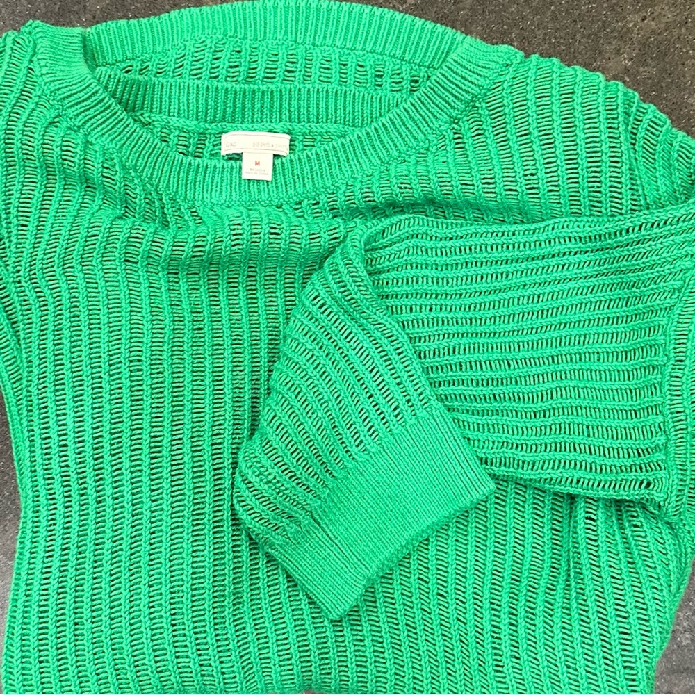 GAP Chain Stitch Open Knit 3/4 Sleeve Ballet Neck in Bright Kelly Green — M